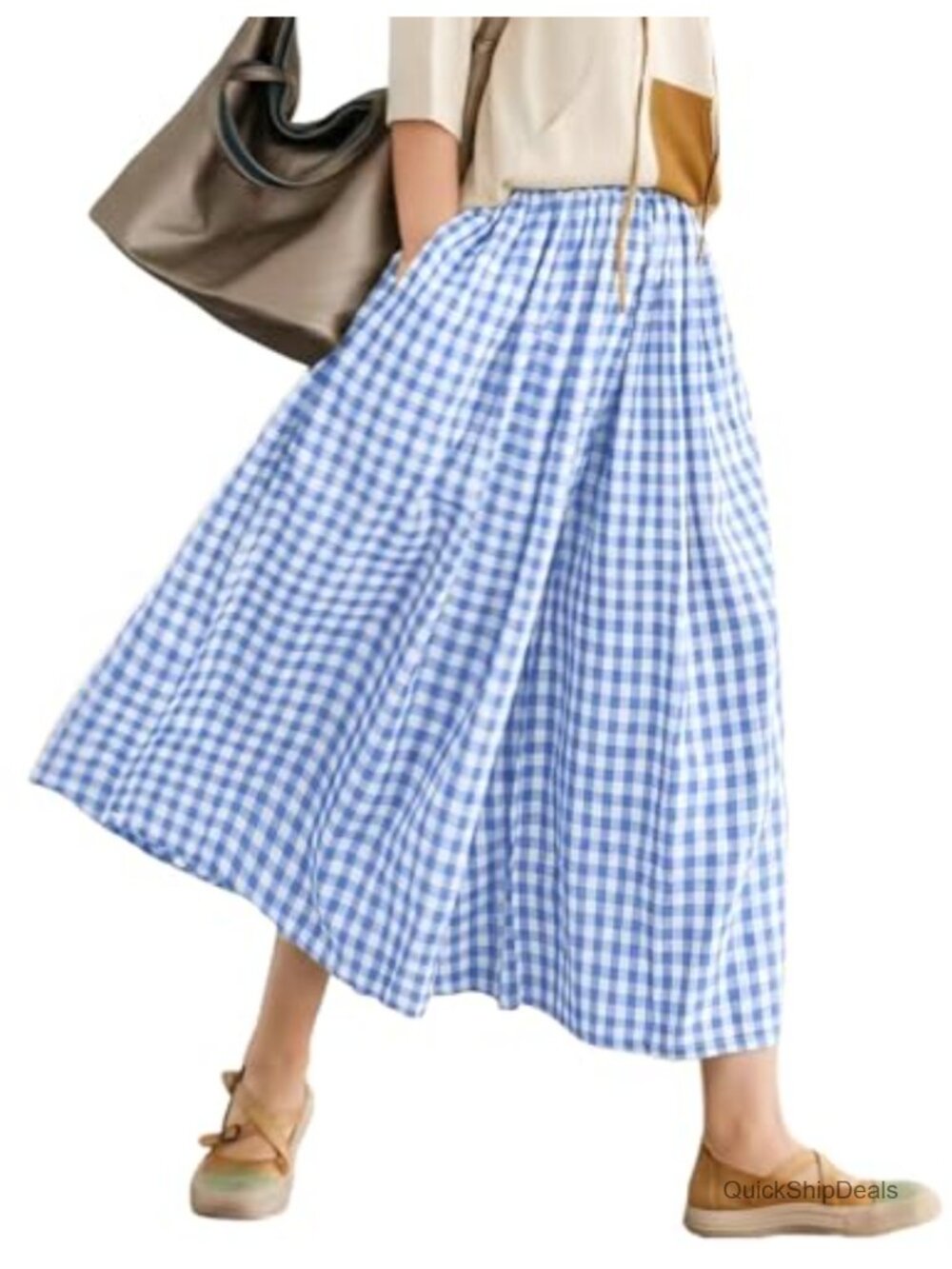Women's Cotton Checkered Wide Leg Pants High Waist Palazzo Elastic Trousers